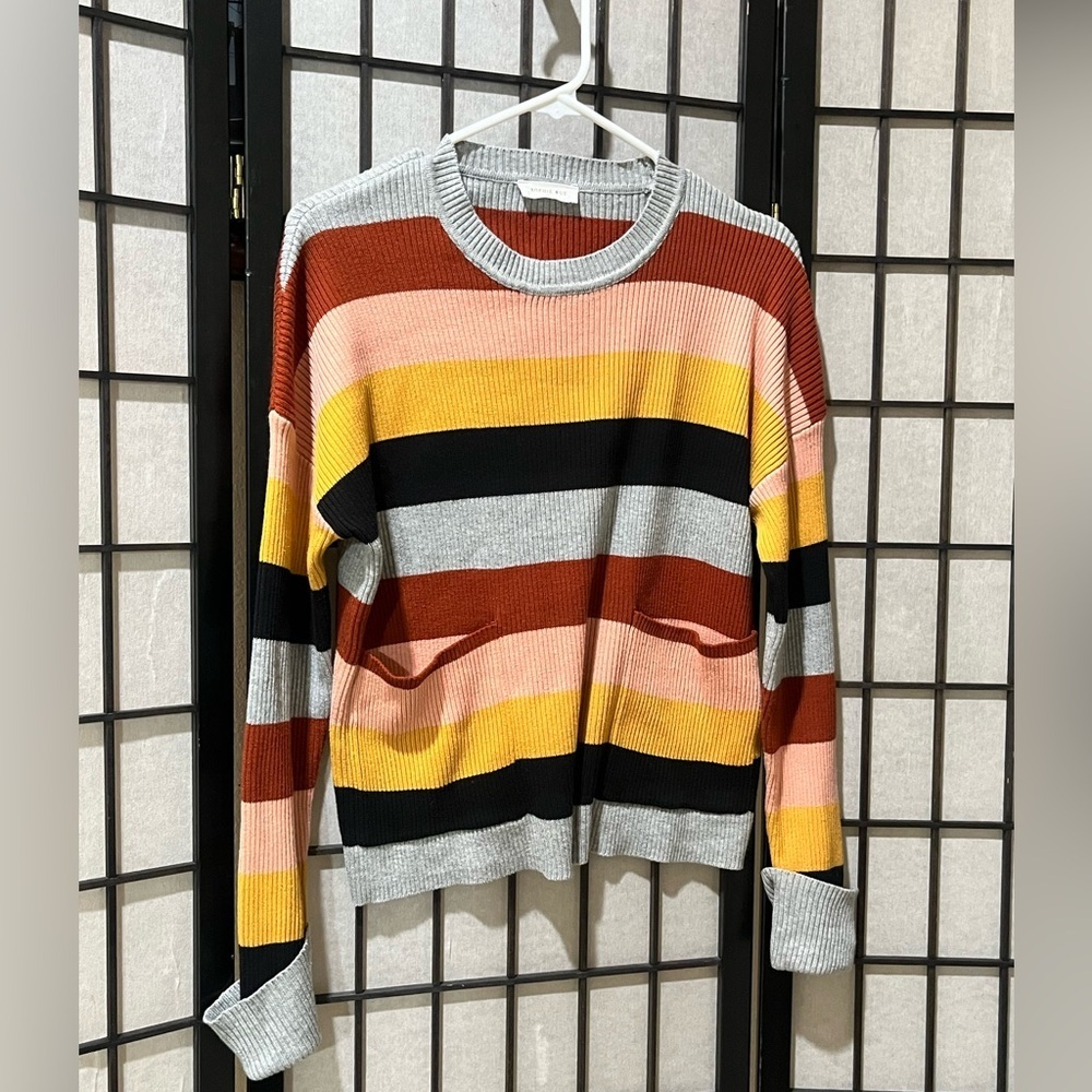 Sophie Rue PATCH POCKET STRIPE Ribbed Colorblock Sweater - Gray & Rust SIZE S - Picture 3 of 12